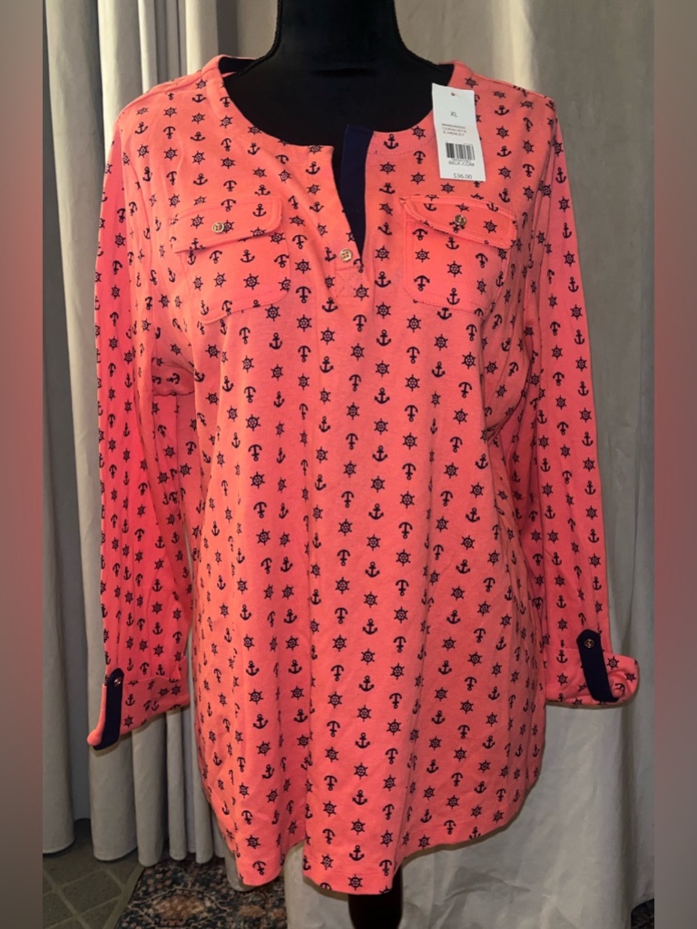 Kim Rogers Coral Top with Navy Anchor & Wheel Print NWT XL